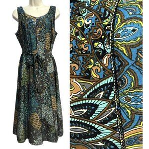 PerSeption Concept Dress Womens Large Blue Brown Paisley Boho Sleeveless Maxi‎
